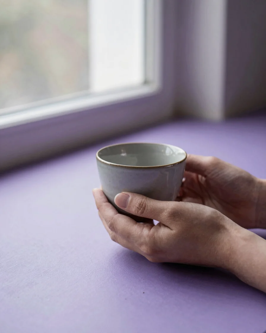 Soft editorial photograph of hands gently holding a warm ceramic